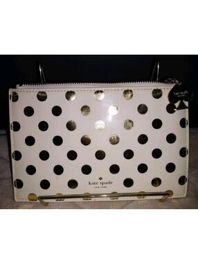 Kate Spade Pencil Pouch Polka Dot Cosmetic Case Travel Designer Cream Gold